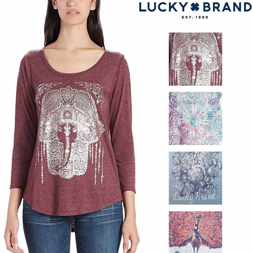 Lucky Brand Women's 3/4 Sleeve Scoop Neck Graphic